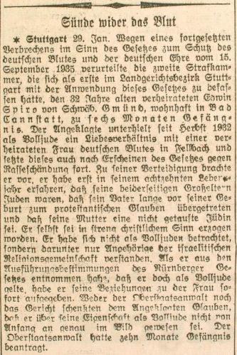 Bericht im Schwäbischen Merkur über das am 28. Januar 1936 gegen Edwin Spiro vor dem Stuttgarter Landgericht ergangene Urteil.